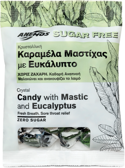 Anemos crystal candy with mastic and eucalyptus packaging on a white background